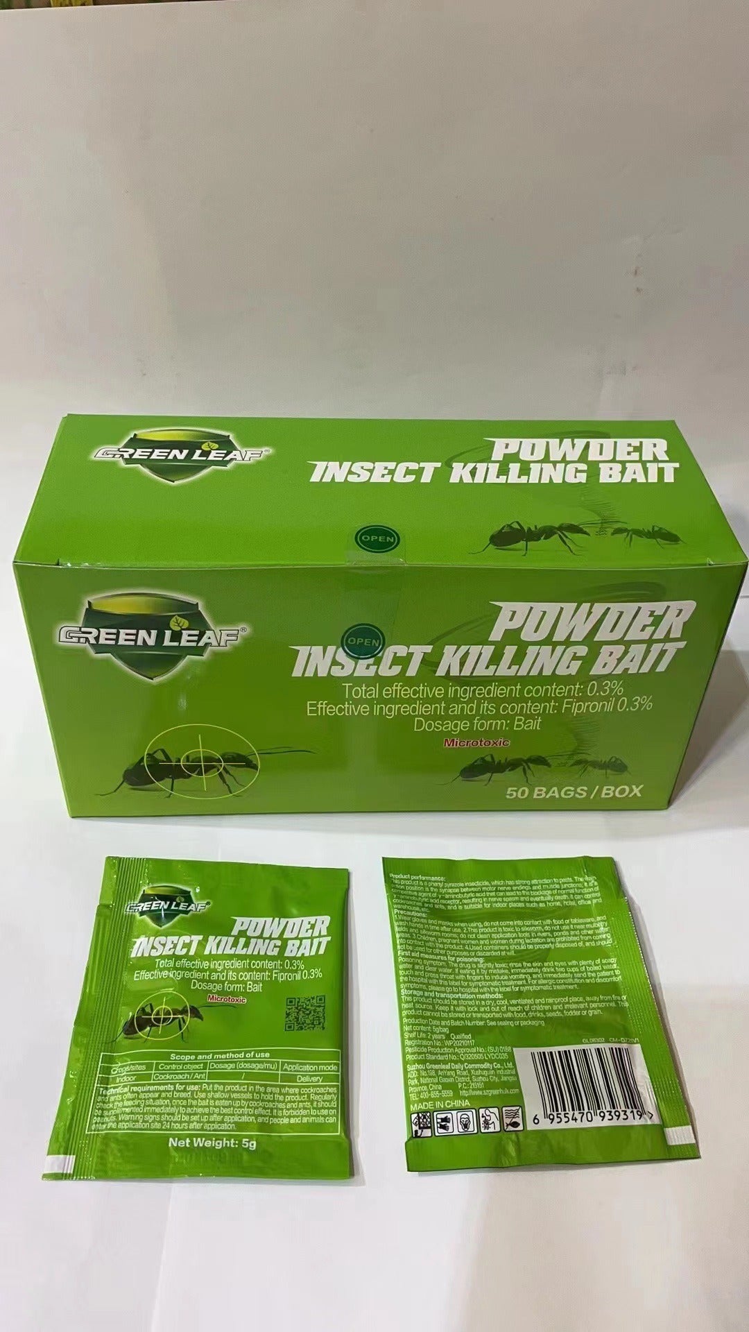 Green Leaf Powder Cockroach Killing Bait Box with 60 Bags for Effective Pest Control