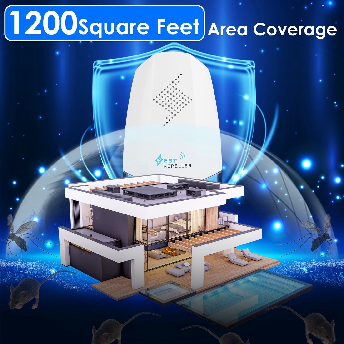 Ultrasonic pest repeller for home with 1200 square feet area coverage, designed for effective pest control.