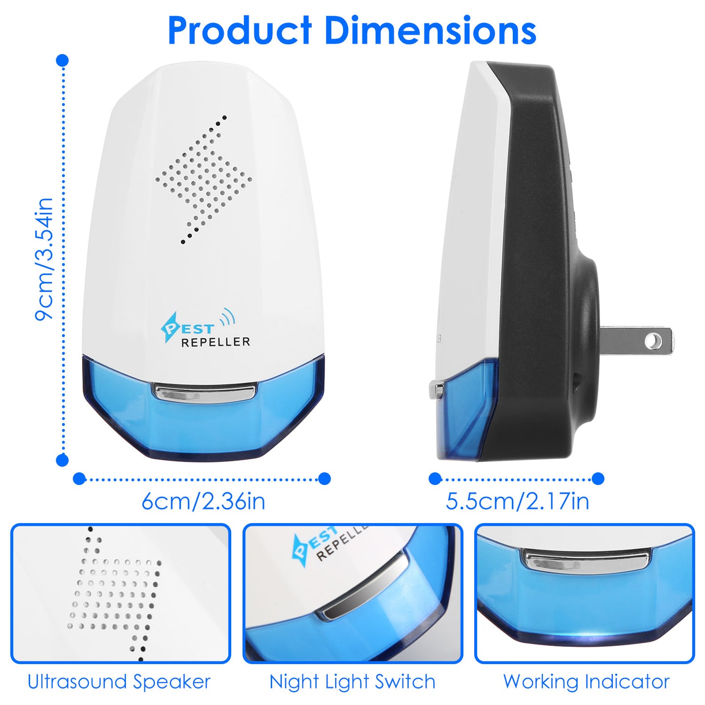 SHINEBOX ultrasonic pest repeller for home showing product dimensions and features like speaker and night light