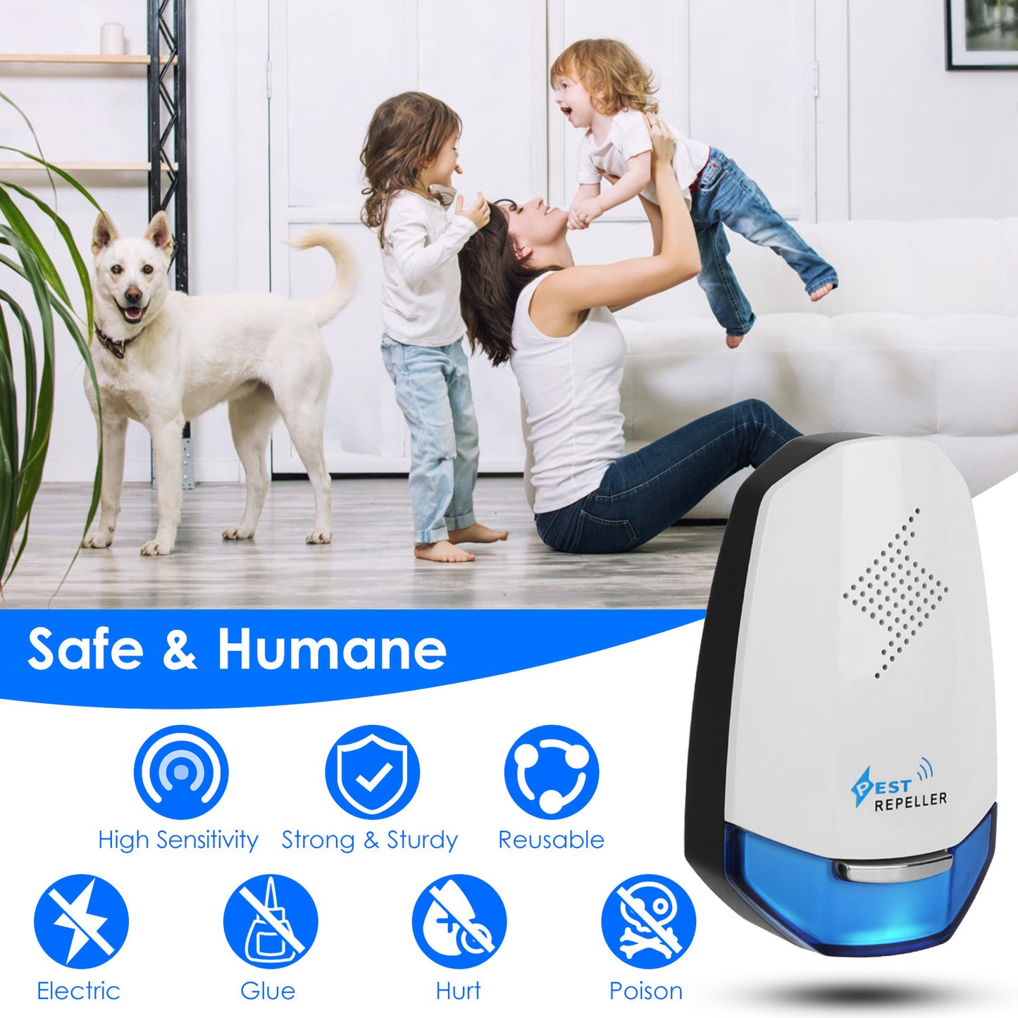 SHINEBOX ultrasonic pest repeller for home with safe and humane design, featuring LED indicators