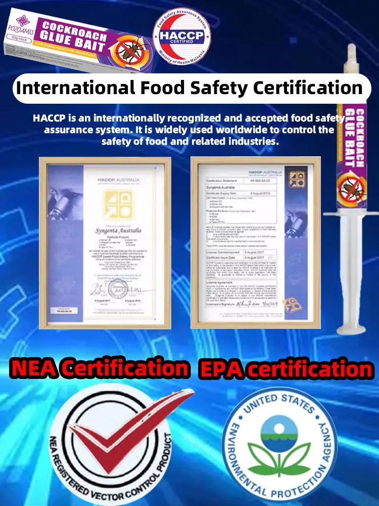 SHINEBOX Chinese roach poison certification poster with HACCP, NEA, and EPA certifications showcased