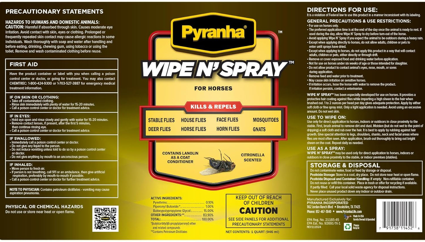 Pyranha Wipe N Spray Fly Repellent for Horses 32 oz.