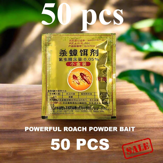 Packaging of powerful roach powder bait with a yellow label on a wooden surface.