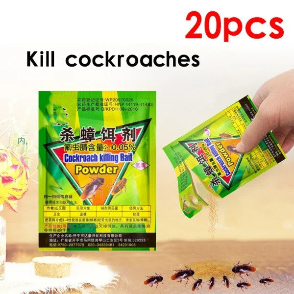 Hand holding Effective Killing Cockroach Bait Powder Insect Roach Killer packet.