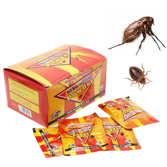 Box of 50 sachets bed bug killer powder with flea and bed bug images
