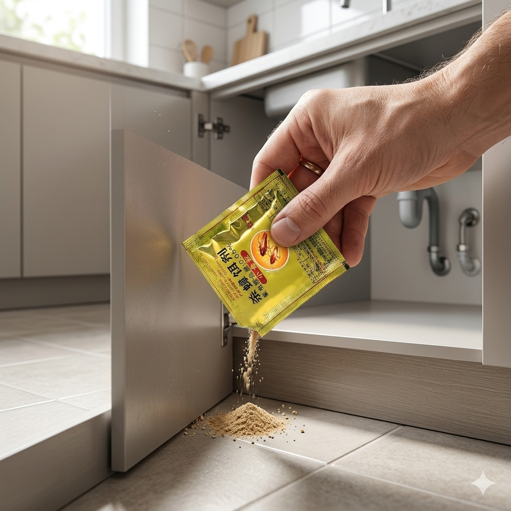 Cockroach killer powder placed in kitchen cabinet for indoor roach control
