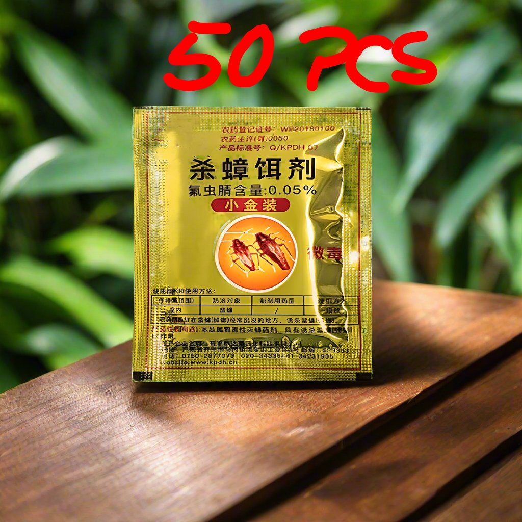A gold foil packet of insecticide bait powder stands on a wooden surface with blurred green foliage in the background. Large red text at the top reads '50 PCS'.Cockroach killing bait powder 50-sachet pack – chinese cockroach killing powder
