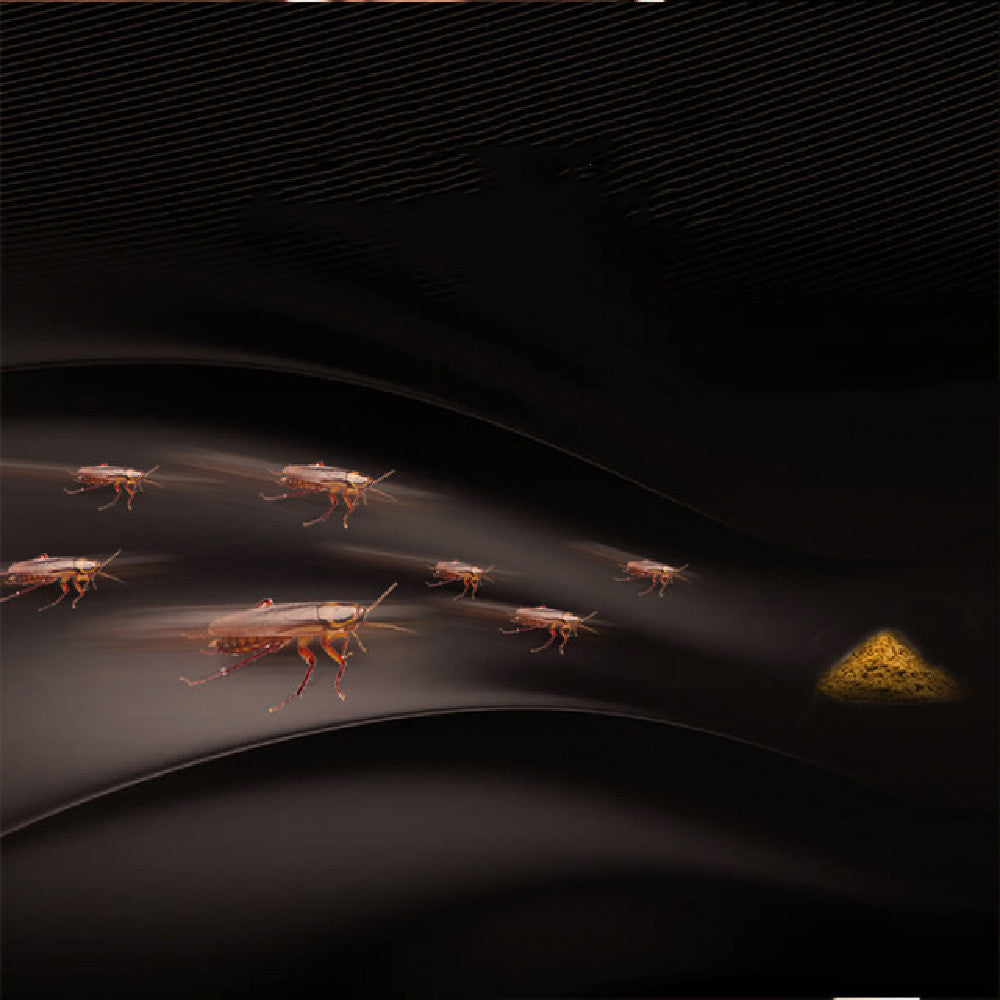 A dark, dramatic scene showing several small brown insects flying or crawling across a glossy black curved surface, with a small pile of yellow granules on the right.