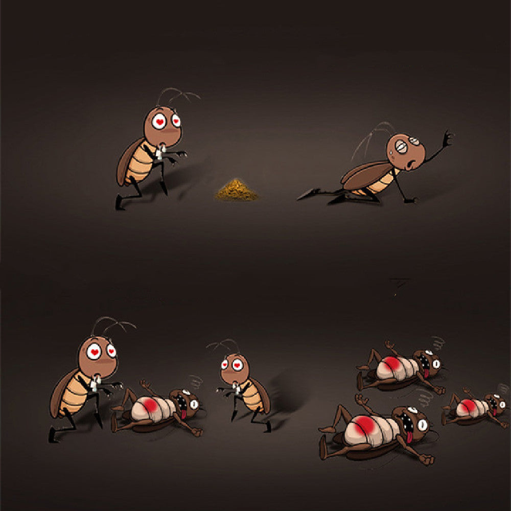 A set of cartoon cockroach character illustrations in various poses, shown on a dark brown background. The characters have tan and brown bodies with black legs and antennae, large white eyes, and red cheeks, with one illustration showing a small pile of yellow powder.