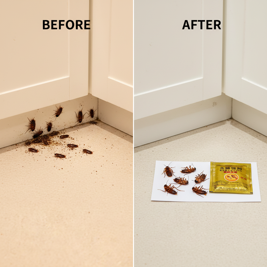 Before and after comparison of cockroaches on a floor with a pest control product. Cockroach killing bait powder before and after pest control results
