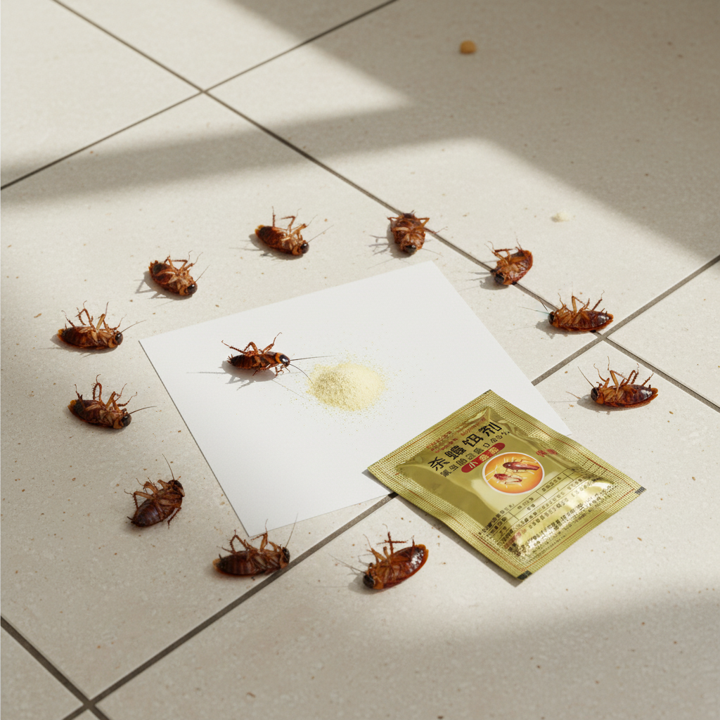 Cockroaches on a tiled floor with a pest control product package. Cockroach killing bait powder for effective indoor insect control
