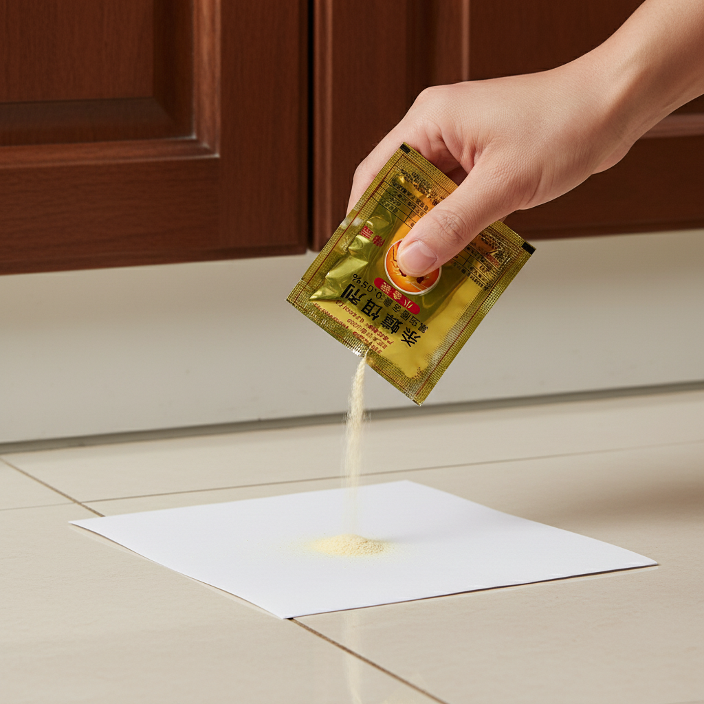 Hand pouring a yellow powder from a packet onto a white paper on a tiled floor. Cockroach killing bait powder poured on floor for effective indoor pest control. cockroach powder

