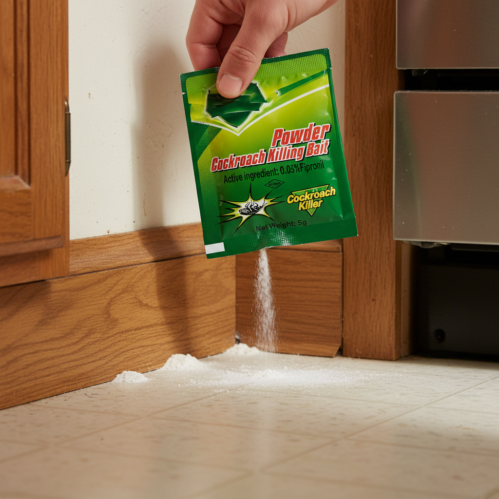 Cockroach powder bait applied in kitchen and home areas