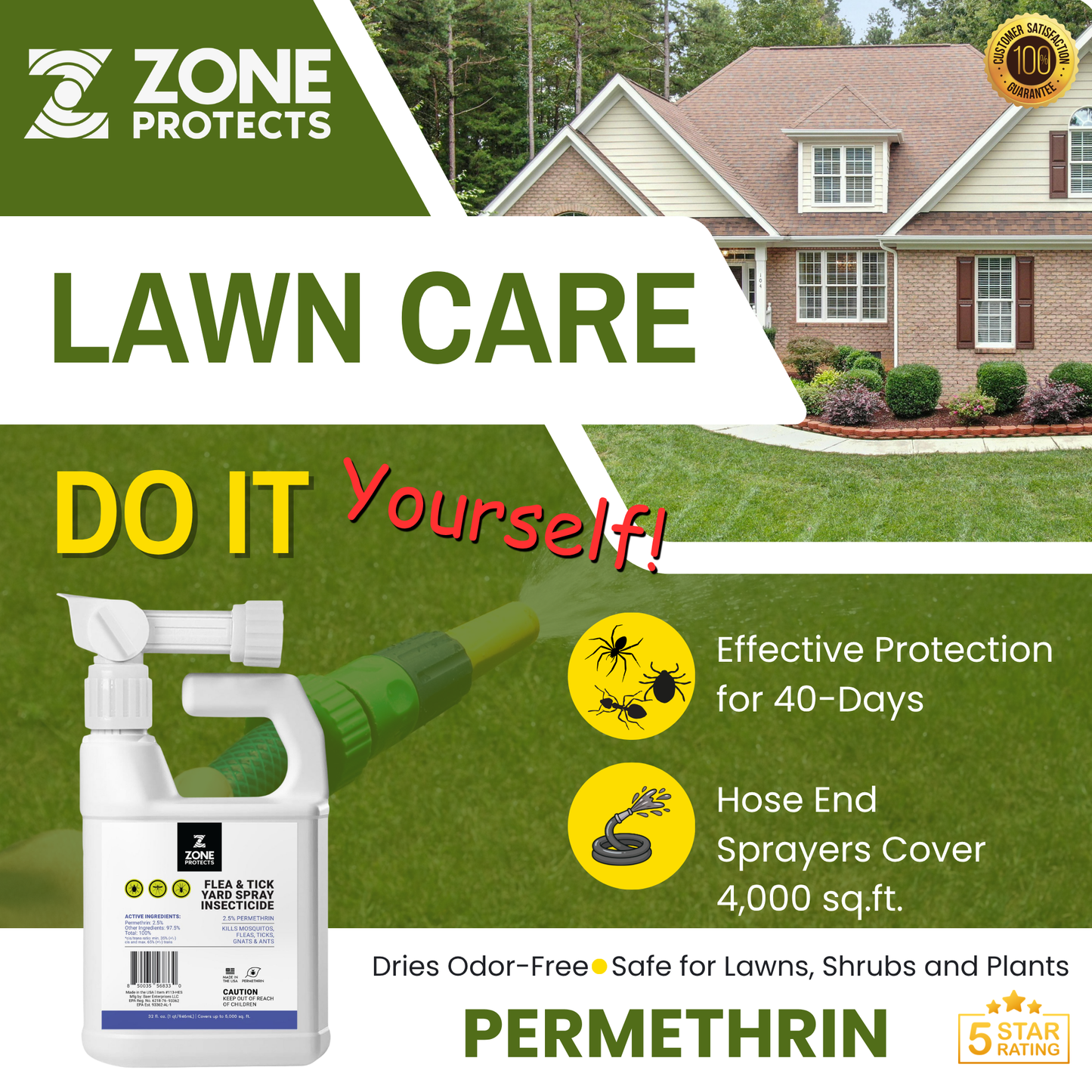 Zone Protects Flea and Tick Yard Spray – Permethrin Yard Spray Hose End Sprayer 10,000 sq ft
