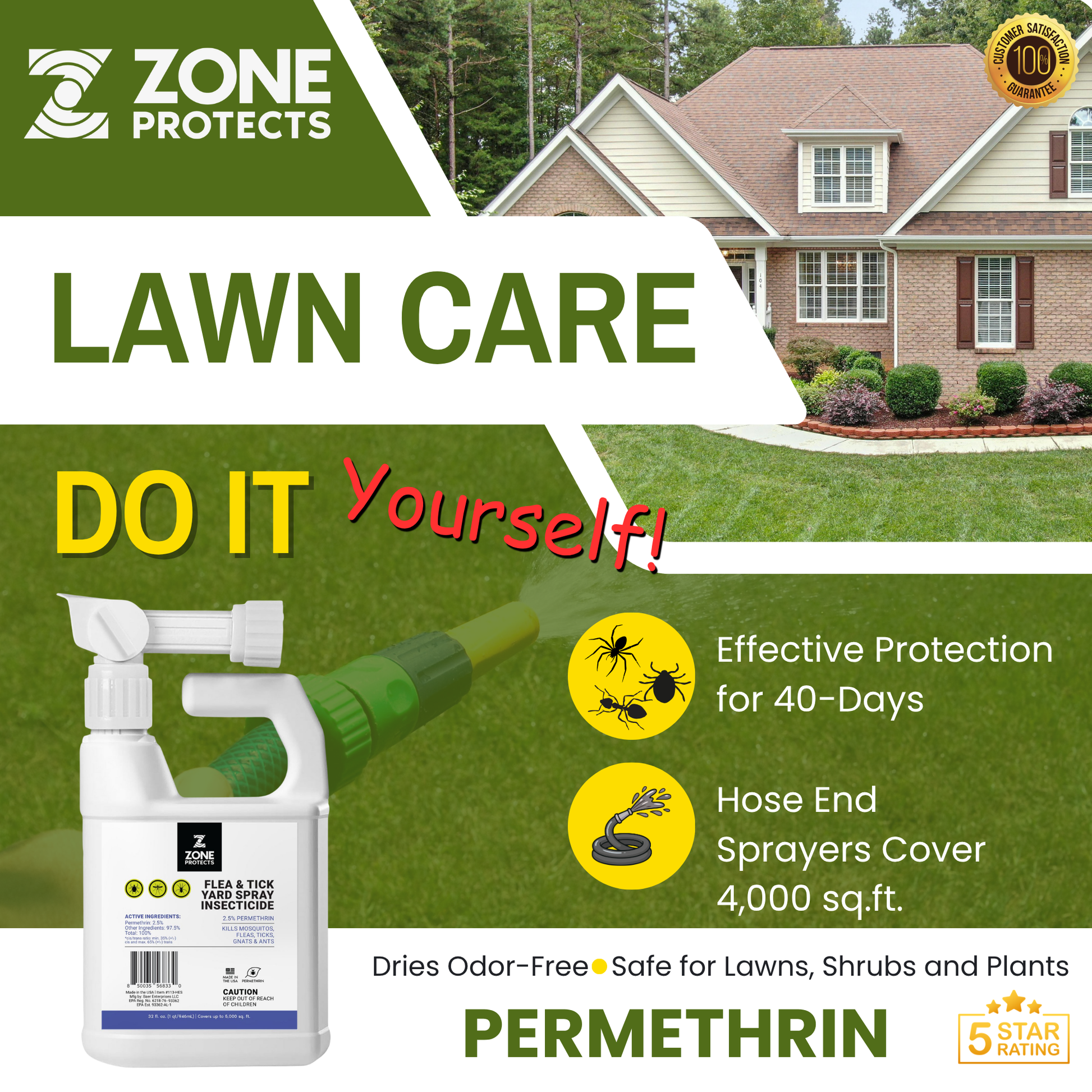 Zone Protects Flea and Tick Yard Spray – Permethrin Yard Spray Hose End Sprayer 10,000 sq ft