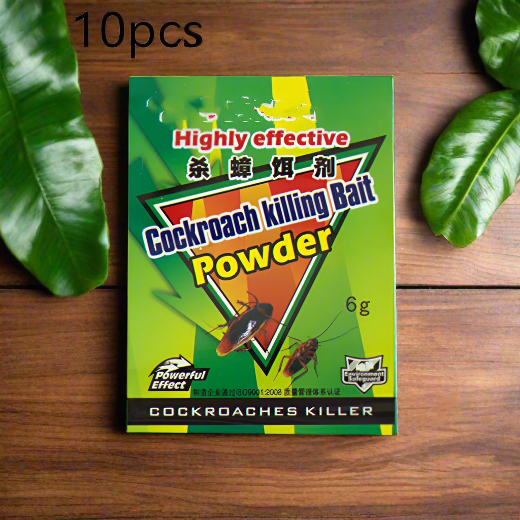 Close-up of Effective Killing Cockroach Bait Powder Insect Roach Killer package with visible roach bait graphic design.