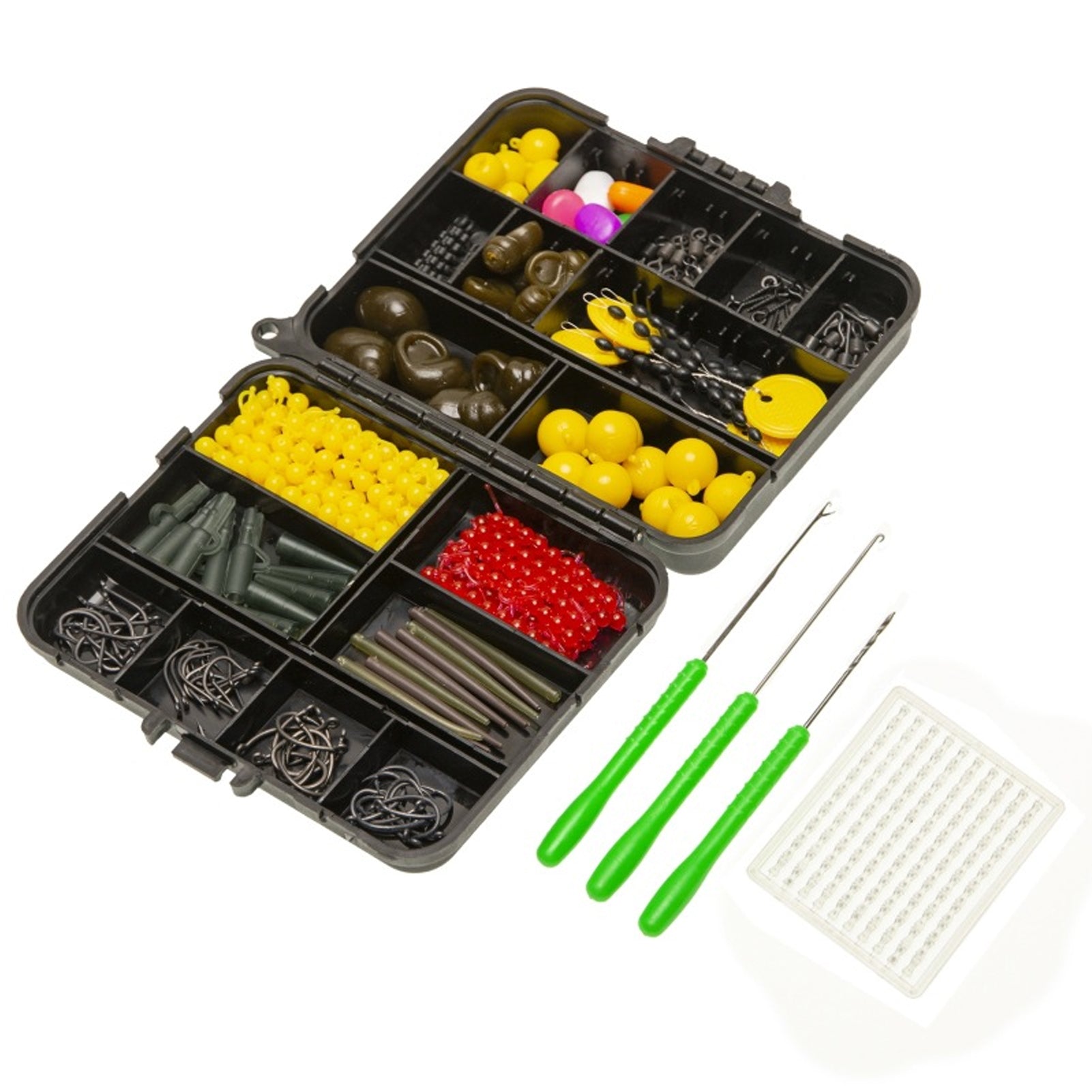 SHINEBOXX carp fishing tackle box with hooks, weights, and tools for anglers