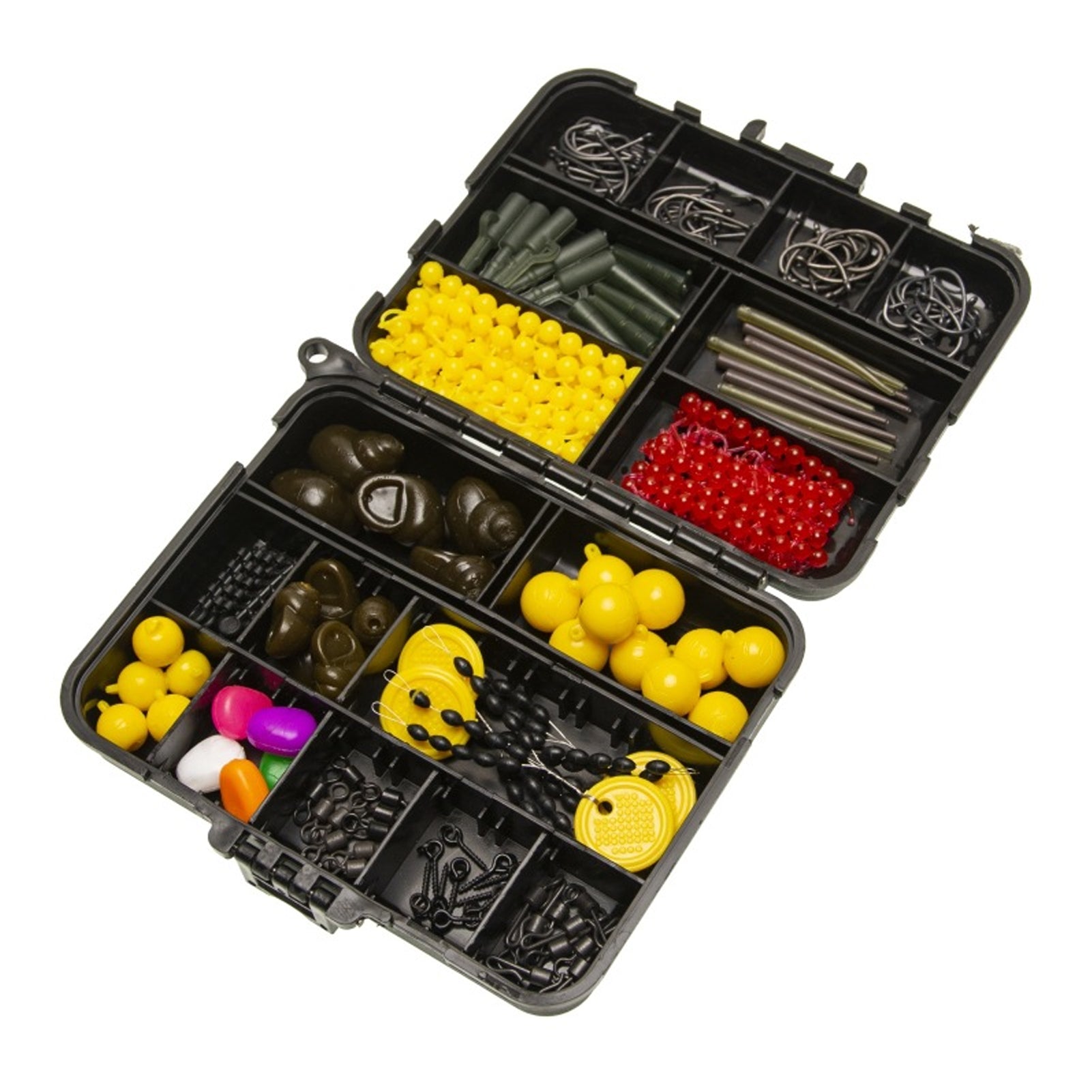 SHINEBOXX carp fishing tackle box with assorted hooks, weights, and rigs for effective fishing