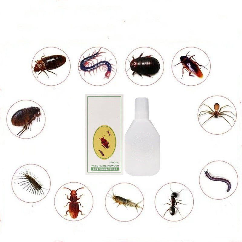 SHINEBOX Chinese cockroach powder in a white bottle surrounded by various insects for pest control
