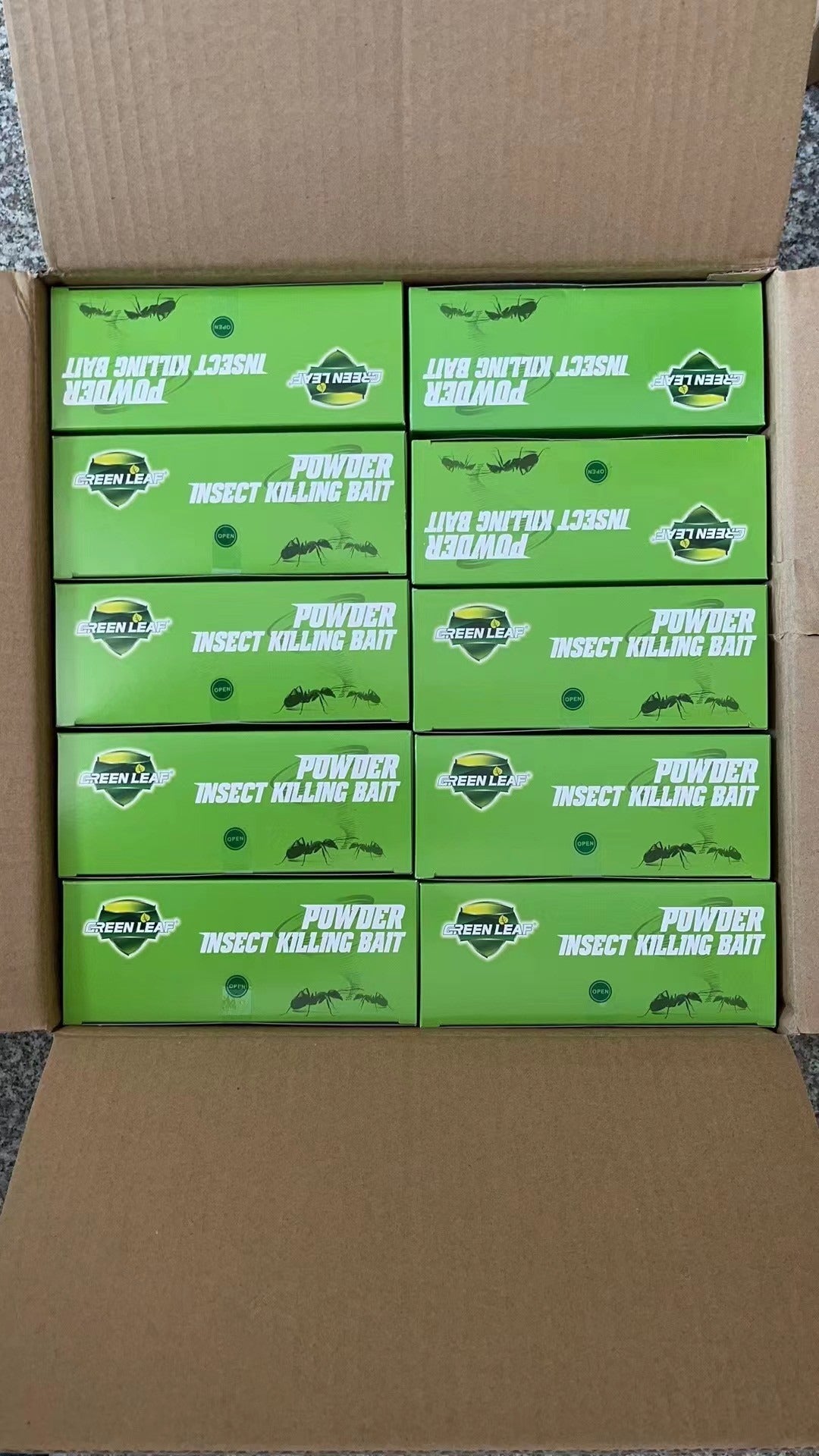 Box of eprolo powder cockroach killing bait packs organized neatly inside a cardboard box