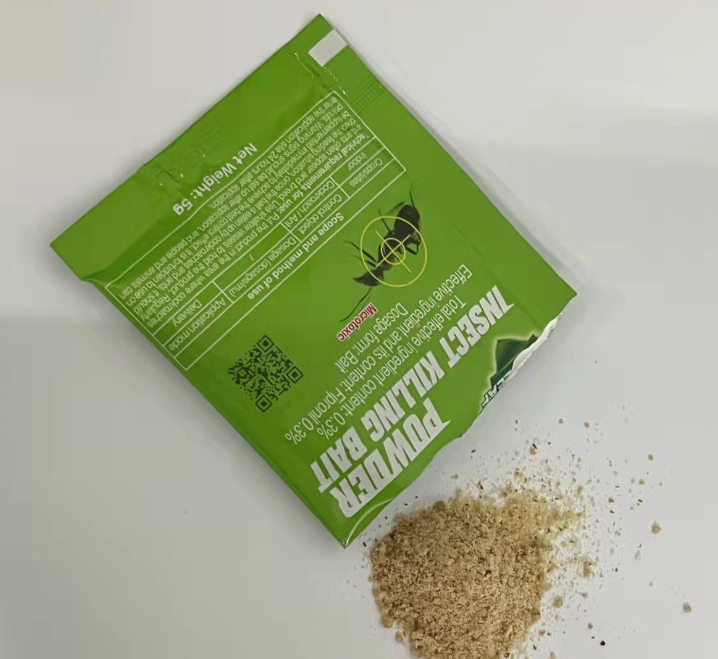 Powder cockroach killing bait package with loose powder suitable for pest control in homes