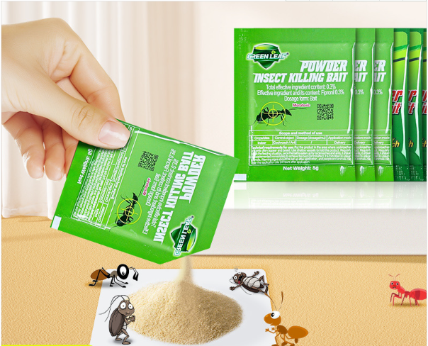 Green Leaf Powder Cockroach Killing Bait in a sachet, effective for pest control in homes