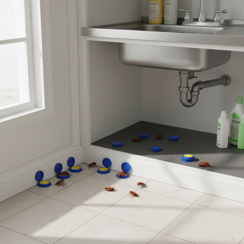 SHINEBOX cockroach bait stickers in a kitchen setting, effectively targeting roaches around the sink area