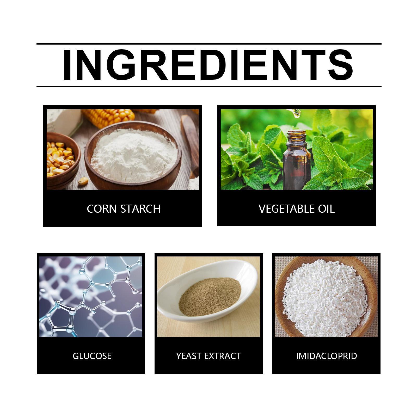 Ingredients for SHINEBOX cockroach killer sticker including corn starch, vegetable oil, glucose, and imidacloprid