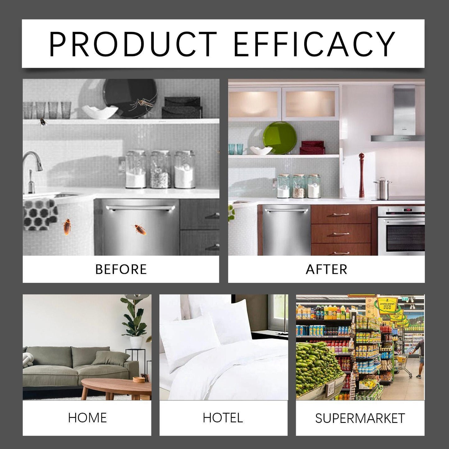 SHINEBOX cockroach killer sticker shown before and after use in home, hotel, and supermarket environments