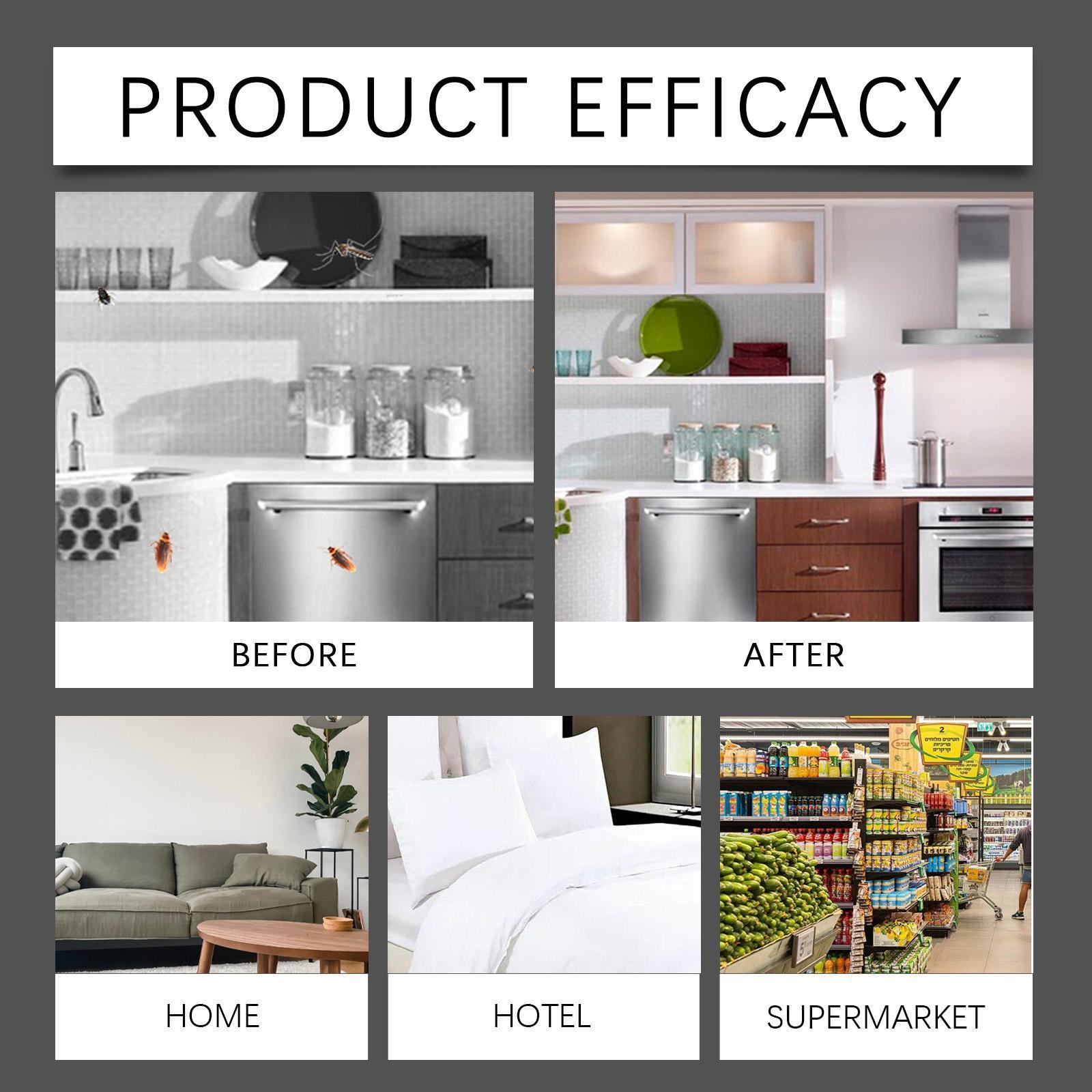 SHINEBOX cockroach killer sticker shown before and after use in home, hotel, and supermarket environments