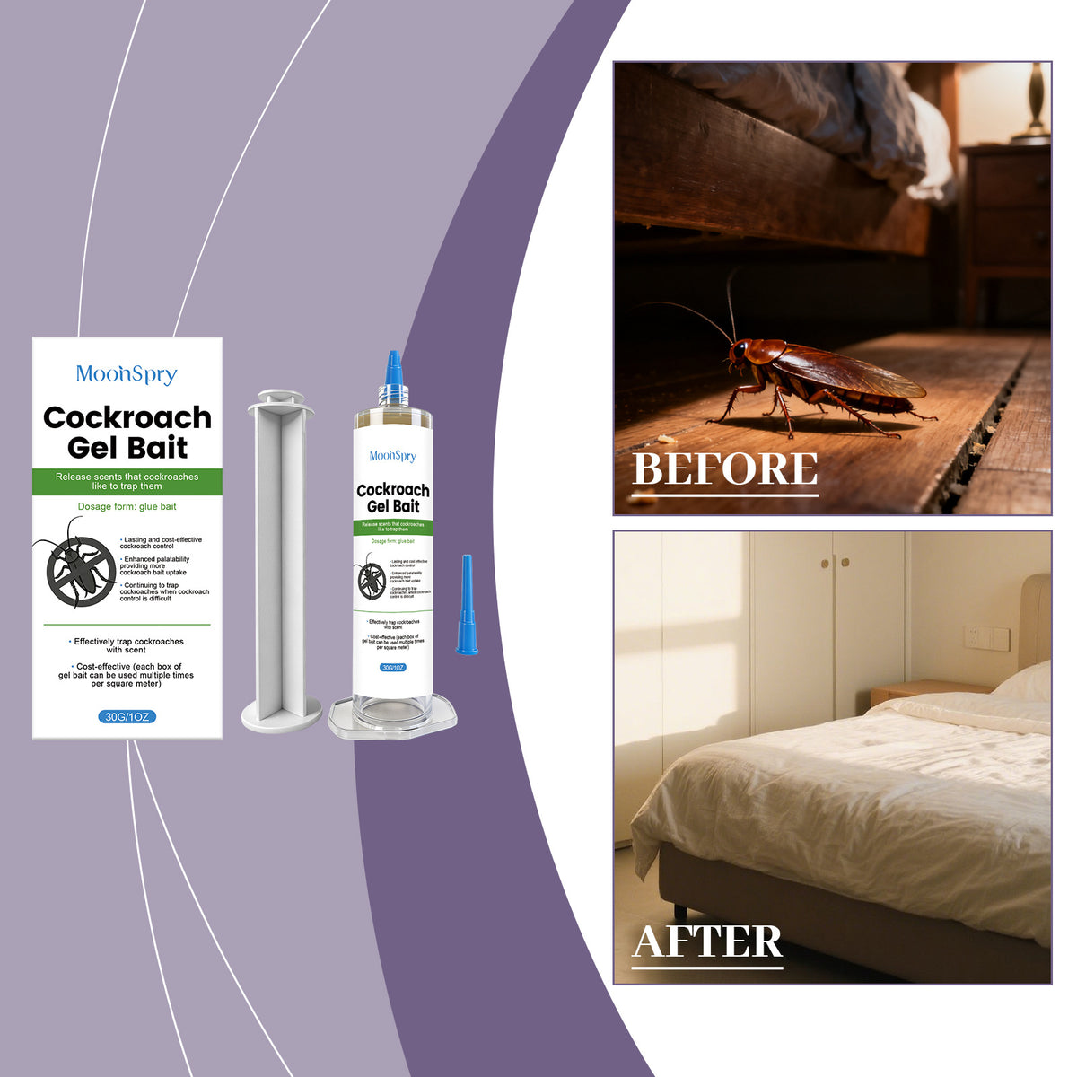 MoonSpry Cockroach Gel Bait syringe with applicator for effective indoor cockroach control