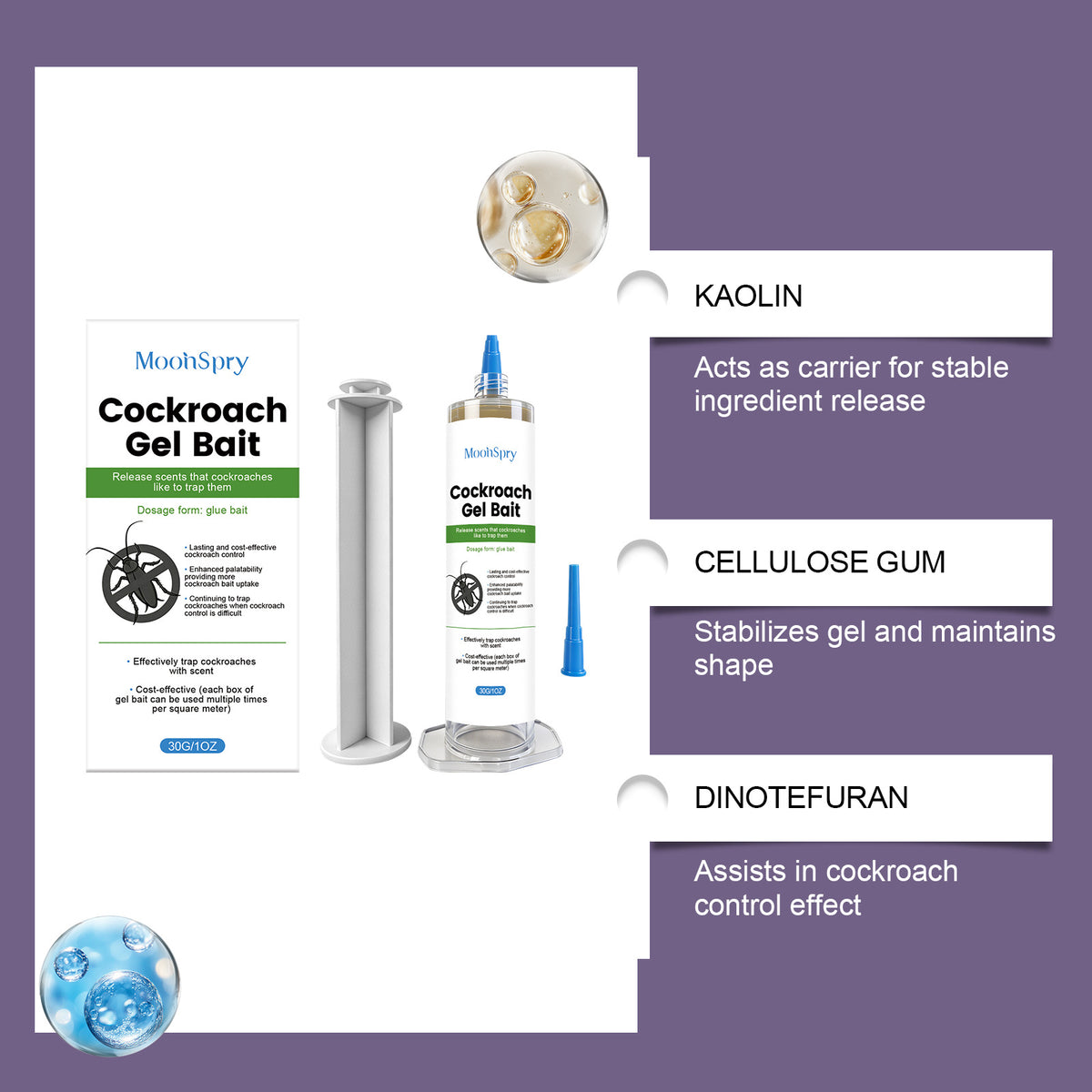 MoonSpry Cockroach Gel Bait 30g syringe for effective indoor roach control with stable ingredients