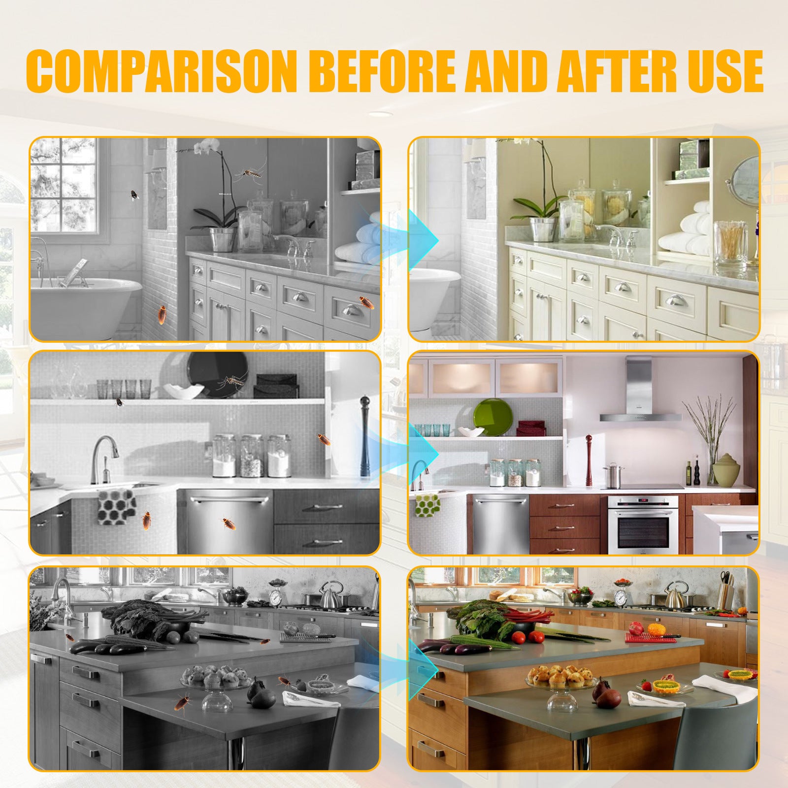 Comparison of kitchen areas before and after using the cockroach killer sticker for pest control