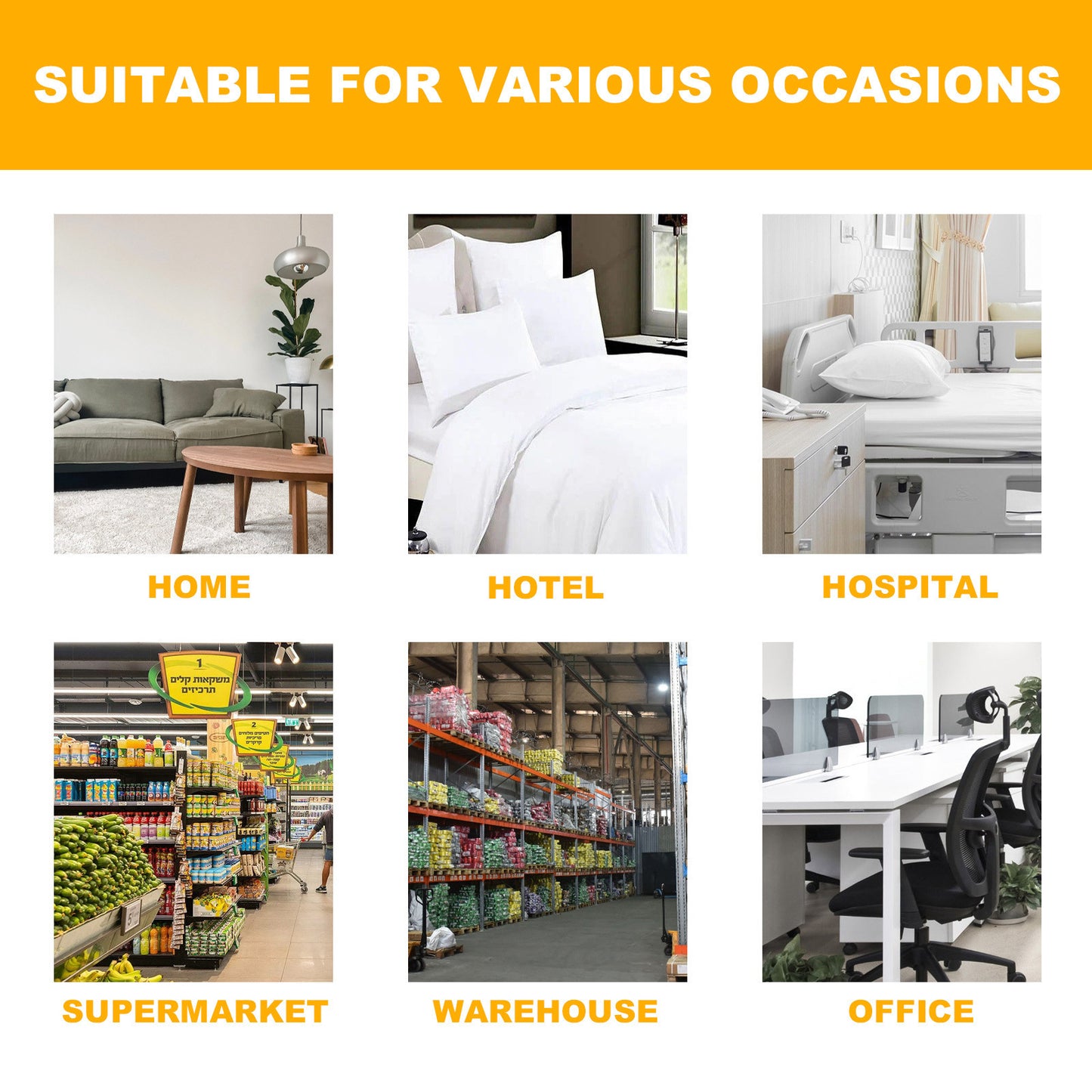 Various settings showing the versatility of the cockroach killer sticker in home, hotel, hospital, supermarket, warehouse, and office.