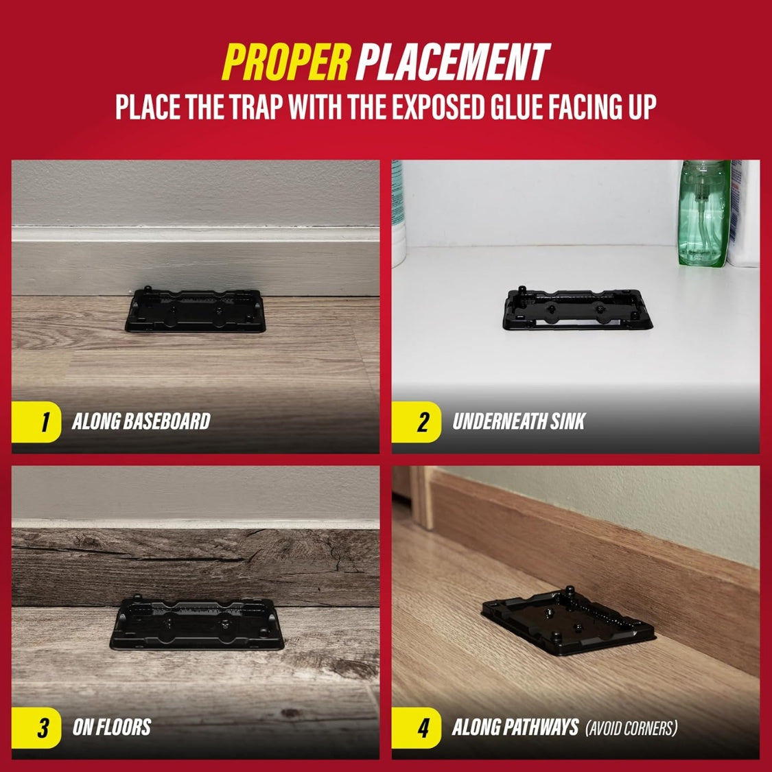 Mouse & Insect Glue Traps placement guide showing optimal locations for effective use