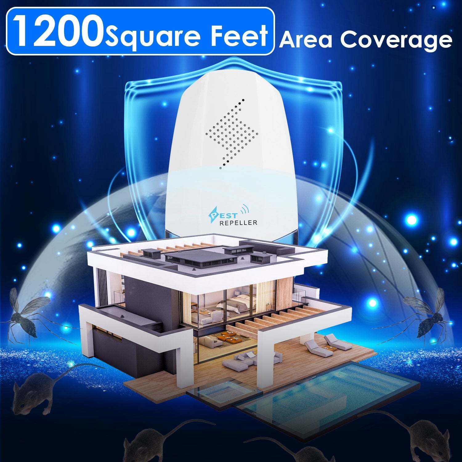 Ultrasonic pest repeller for home with 1200 square feet area coverage, designed for effective pest control.