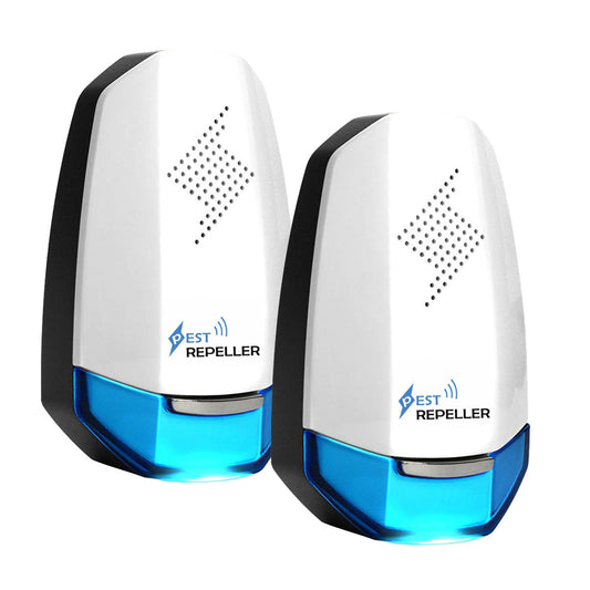 SHINEBOX ultrasonic pest repeller for home in a two-pack design with blue LED indicator lights