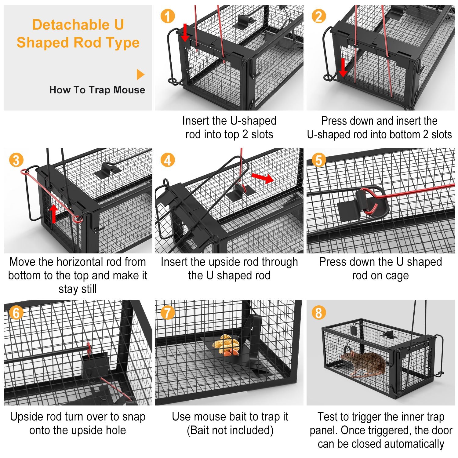 Detachable U Shaped Rod Type Rodent Rat Trap for efficient mouse capture and easy setup