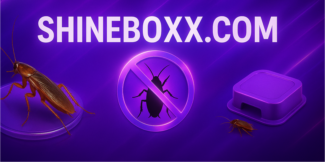 Advertisement for Shineboxx.com featuring a cockroach and pest control device on a purple background.