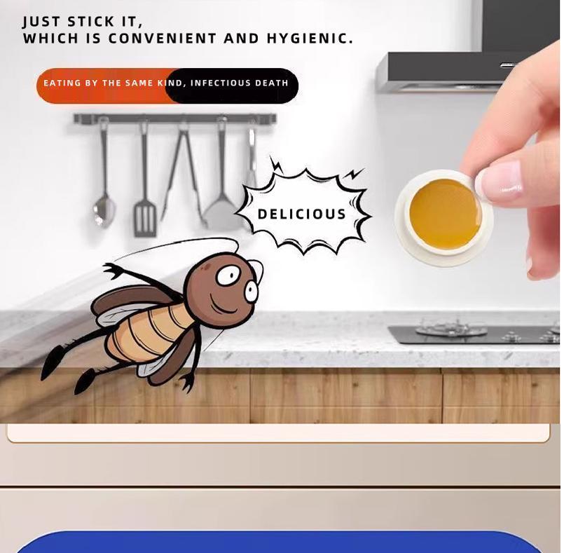 Cockroach Killer Sticker Bait Station Roach Killer shown on a kitchen counter with cartoon roach illustration