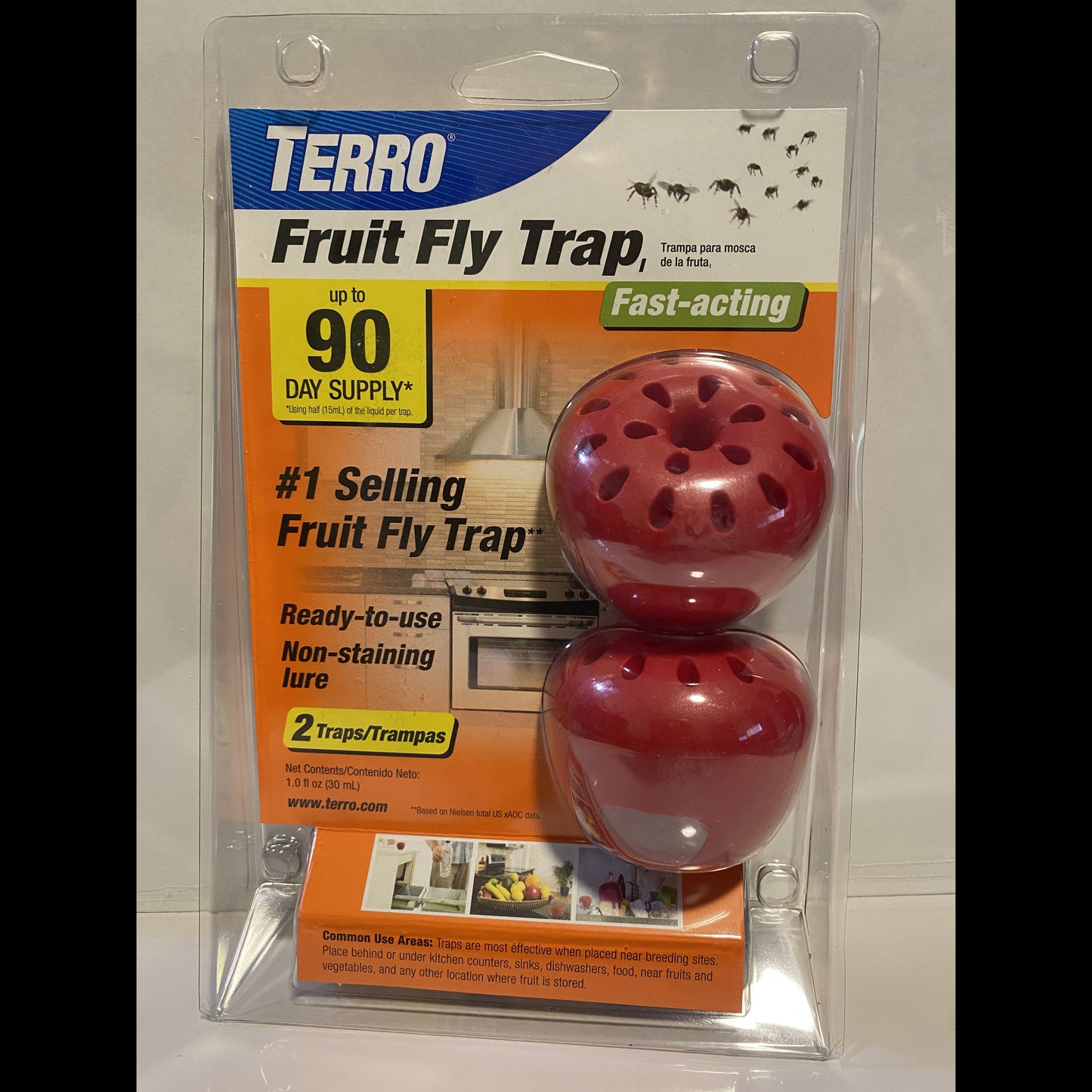 Terro Indoor Fruit Fly Trap in packaging offering fast-acting, non-staining lure for effective pest control