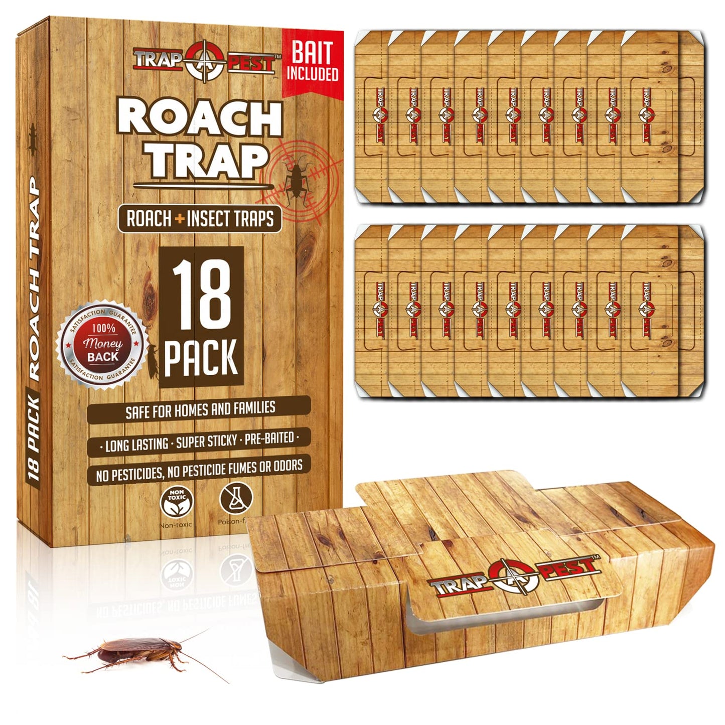 SHINEBOX 18 Pack Roach Trap with Bait for Effective Roach Control in Homes, featuring roach motel gif
