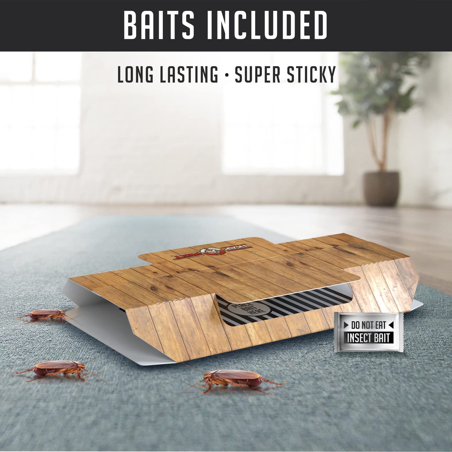 SHINEBOX roach motel gif with long-lasting, super sticky design and included baits on a carpet